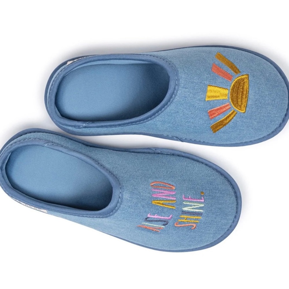 Rae Dunn Women's "RISE AND SHINE" Embroidered Sunshine Denim Slippers - Size L